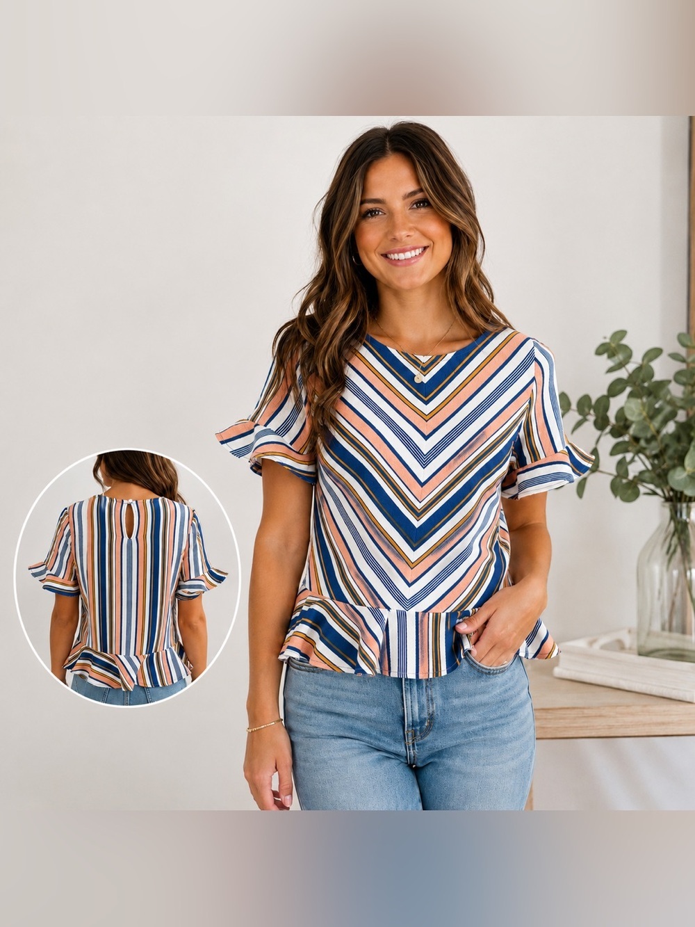 Monteau Los Angeles NWT Striped Peplum Blouse Size Small Flutter Sleeve Chevron